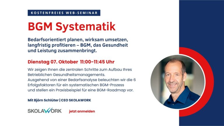 Wir zeigen Ihnen die zentralen Schritte zum Aufbau Ihres Betrieblichen Gesundheitsmanagements. Ausgehend von einer Bedarfsanalyse beleuchten wir die 6 Erfolgsfaktoren für ein systematischen BGM-Prozess Bedarfsorientiert planen, wirksam umsetzen, langfristig profitieren – BGM, das Gesundheit und Leistung zusammenbringt.